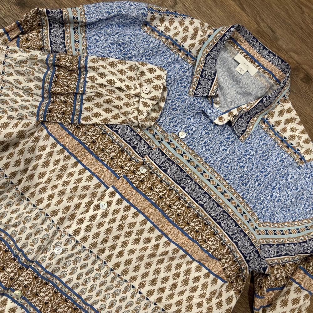 J. Jill Bohemian Printed LS Button-Up Tunic Blouse  – Women’s Small Petite
